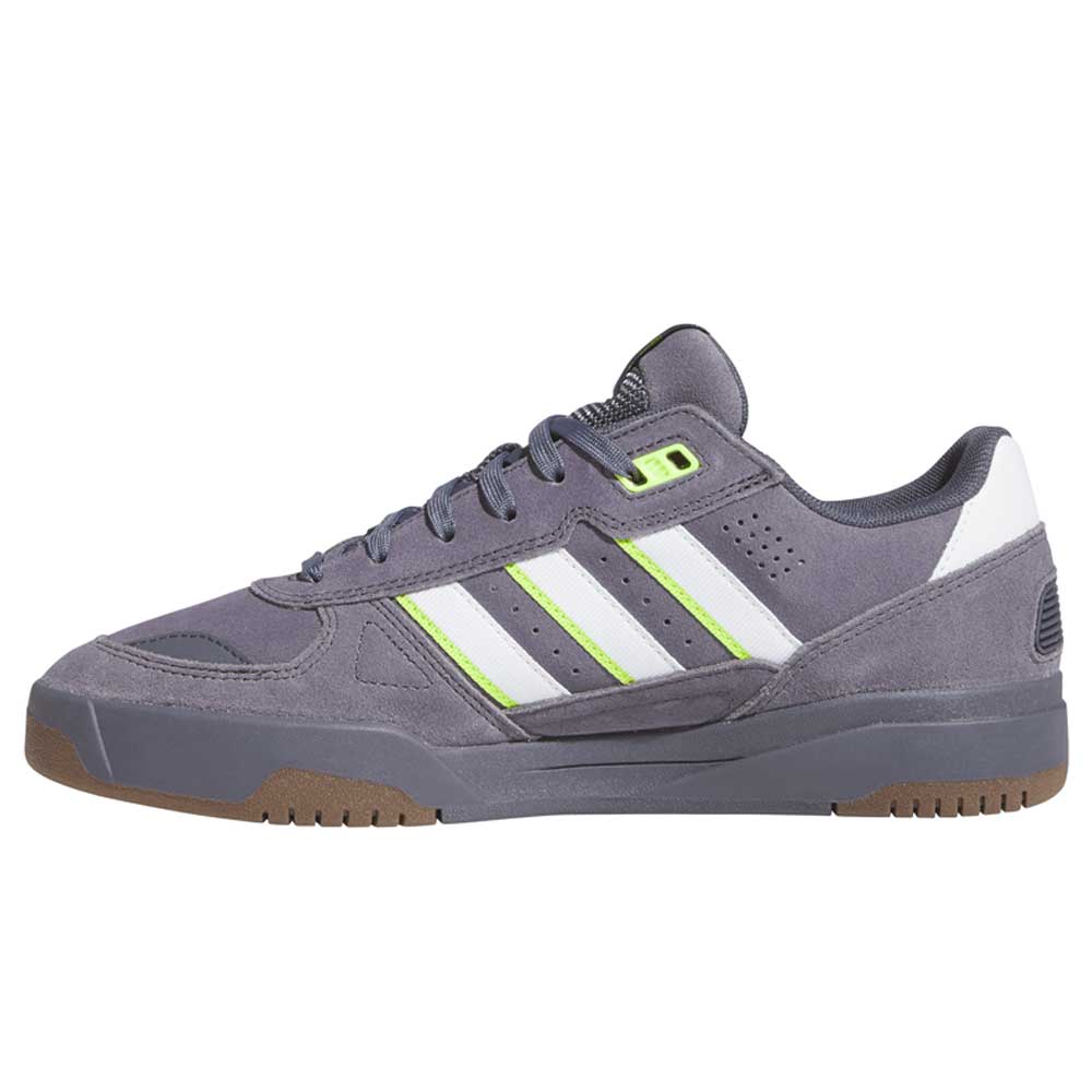 The HQ4813 Gray White Green Tekkira Adidas Skateboarding Suede Shoes feature a gray suede upper, white and neon green stripes, white heel detail, gum sole, and neon green eyelets in a side profile view on a white background.