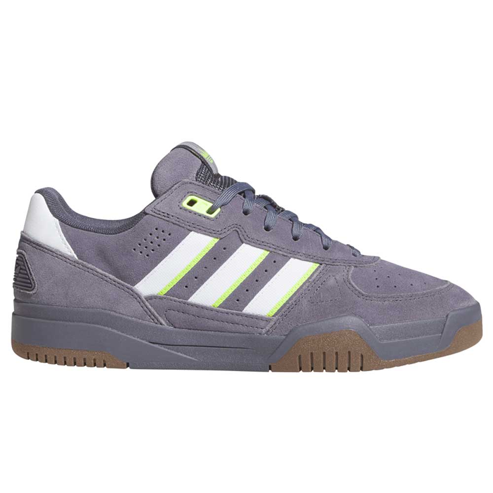 The HQ4813 Gray White Green Tekkira Adidas Skateboarding Suede Shoes feature white stripes, neon green accents, perforated details, and a gum rubber sole, shown from the side on a white background.