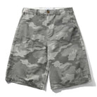 The Halfway Shorts Grey Camouflage Ripstop Cash Only COD152601 feature knee-length, baggy cotton twill with a light and dark gray camo pattern, button closure, and side flap pockets. Displayed on a white background.