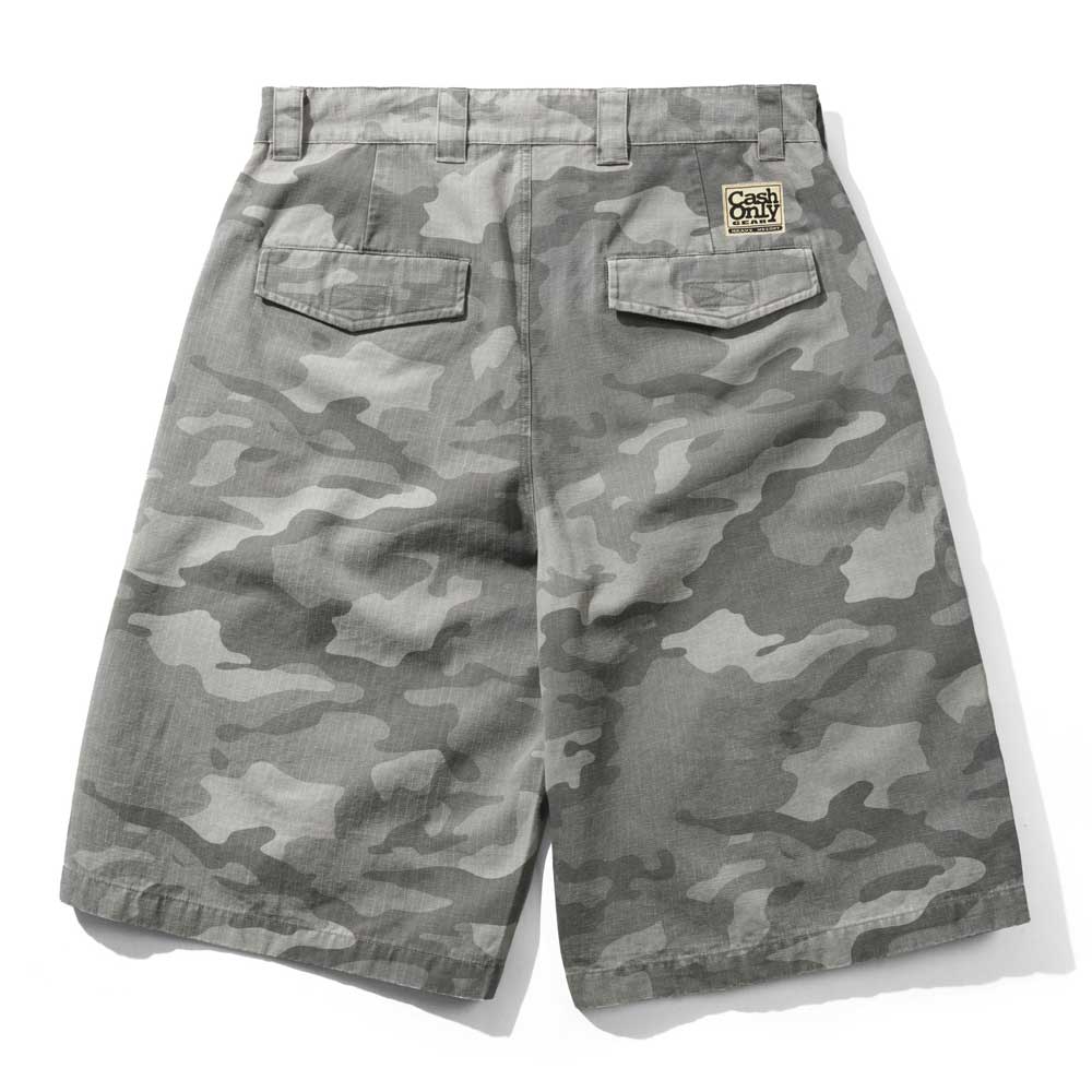 The Halfway Shorts Grey Camouflage Ripstop Cash Only COD152601 are baggy cargo shorts seen from the back, with two flap pockets and a small "Cash Only" patch sewn near the waistband.