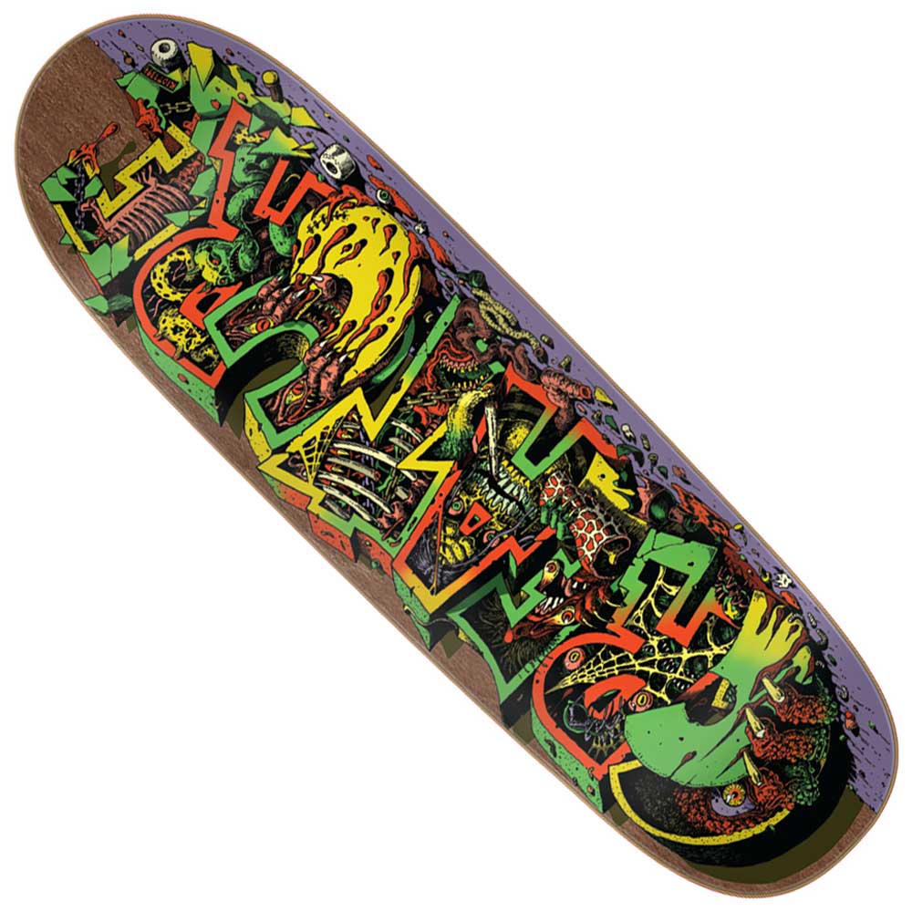 The Hallucination 9.25in x 31.95in Creature Skateboard Deck showcases vibrant, chaotic graffiti with bold colors, a melting yellow face, green hand, and cartoon monsters for a true hallucination vibe across the entire board.