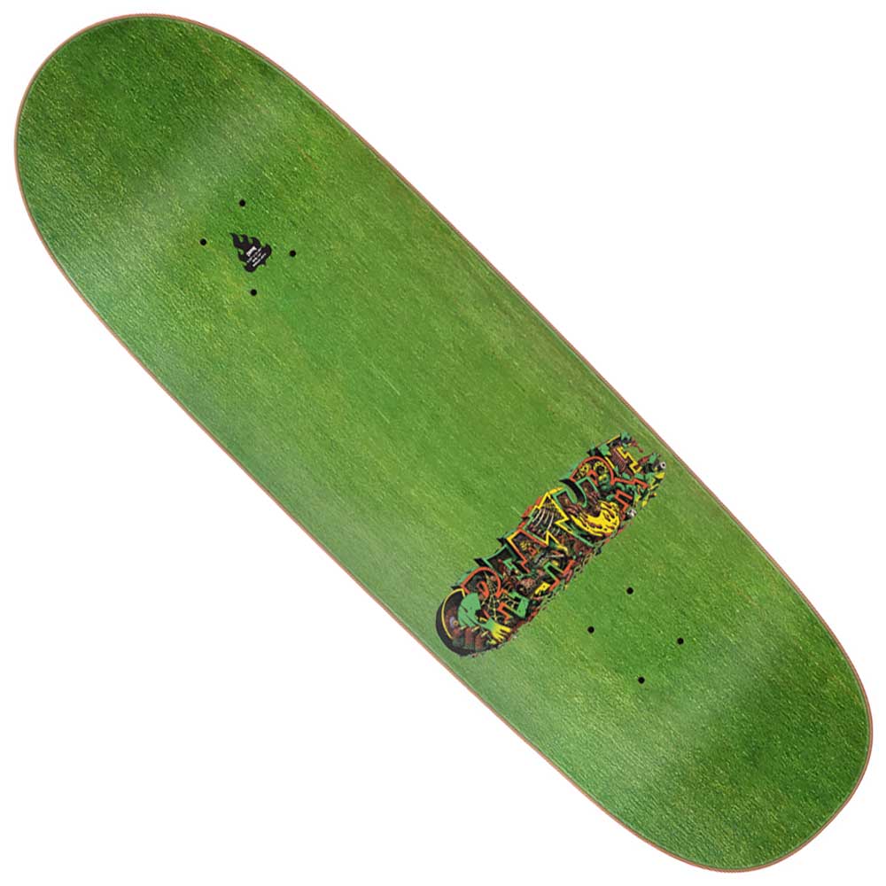 The Hallucination 9.25in x 31.95in Creature Skateboard Deck is green with a yellow and orange graffiti-style CREATURE logo at one end and black mounting holes for the trucks.