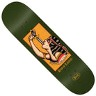 A green 8.38x31.75 Harry Sword Swallower True Fit Real Skateboards Deck showcasing artwork of a woman wearing a headband performing her daring sword swallowing act, with “Harry Lintell” and “Real” in yellow gothic-style lettering.