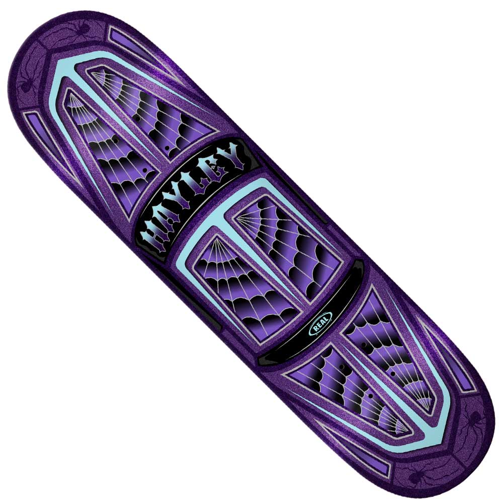 The Hayley Threadline 8.38 True Fit Real Skateboards Deck features a purple and black geometric web design with "HAYLEY Threadline" in stylized letters at the center and the Real Skateboards logo below.
