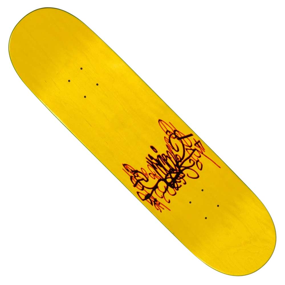 The Healings Marie Magic 8.25 There Skateboards Deck is yellow with black and red abstract graffiti art by Healings Marie. It measures 8.25" wide and is sold without grip tape or wheels attached.
