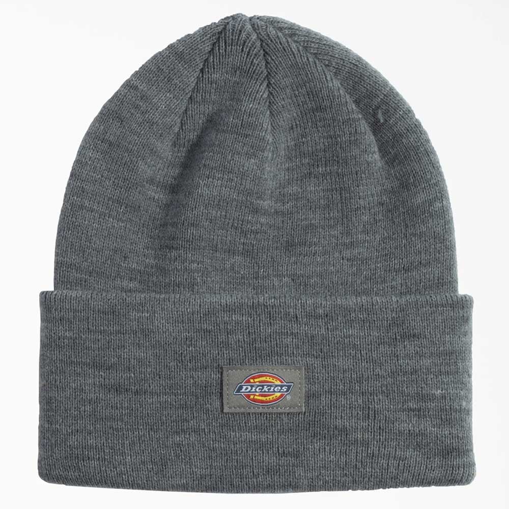 The Heather Gray Tall Cuff Beanie Dickies Skateboarding WHC200 Green DHG is a classic gray knit beanie with a folded brim and a rectangular Dickies logo patch on the front.