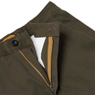 Close-up of the Hecho Por Skate Pant Anti Hero Skateboards in Dark Olive, featuring an unzipped fly with brass zipper, black button, and white inner lining—ideal for exclusive releases or standout skateboarding style.