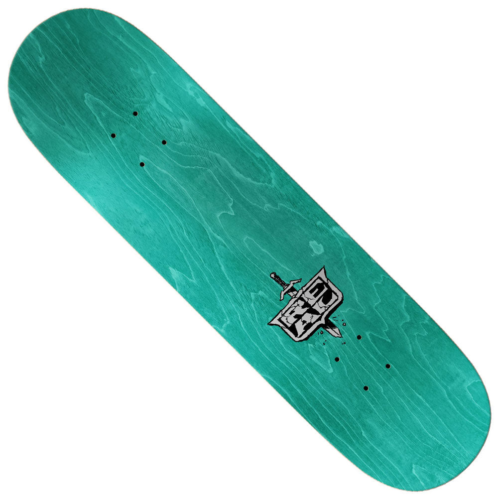 The Hermann Dragon Slayer 8.5x31.85 Real Skateboard Deck showcases a teal finish with visible wood grain, featuring a small black and white graphic in the center—a sword piercing a blocky shape inspired by the Hermann Dragon Slayer design, giving it a classic look.