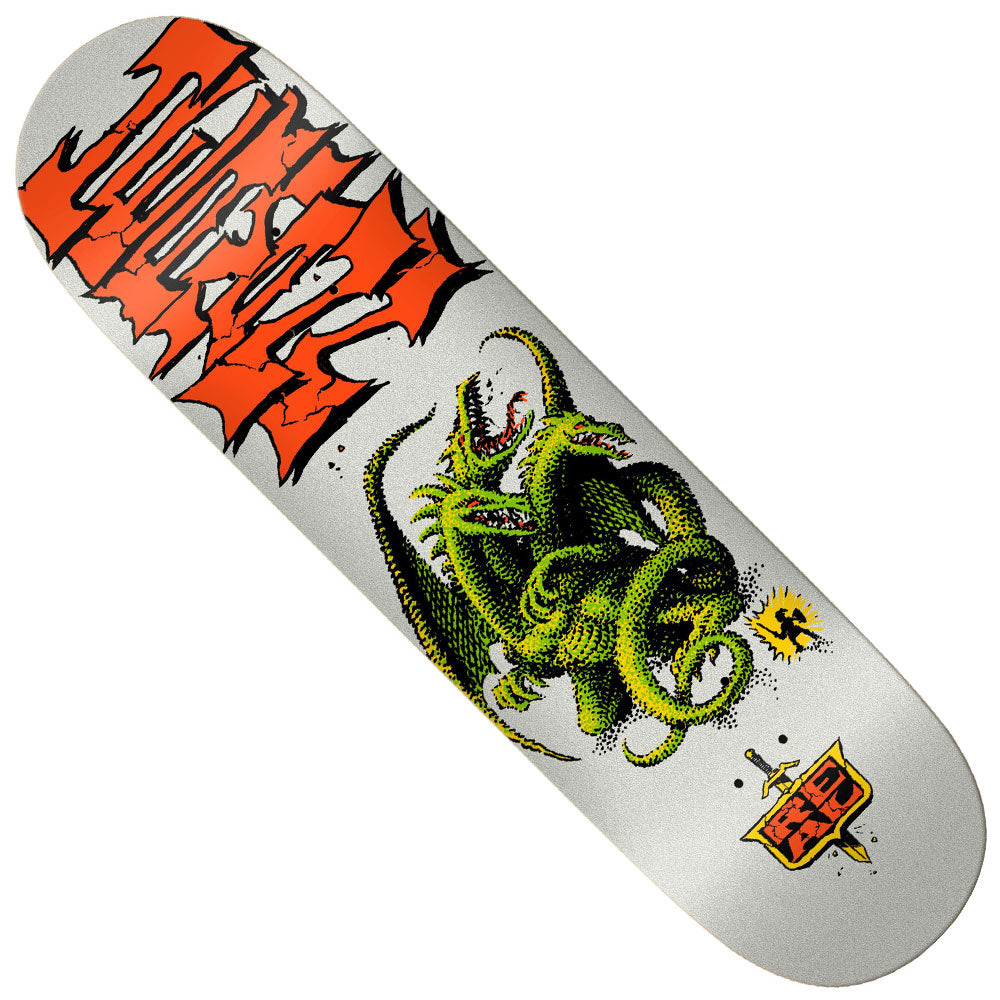 A Hermann Dragon Slayer 8.5x31.85 Real Skateboard Deck, displaying striking red text across the top and an image of a green dragon coiled at the center, with a small yellow emblem underneath.