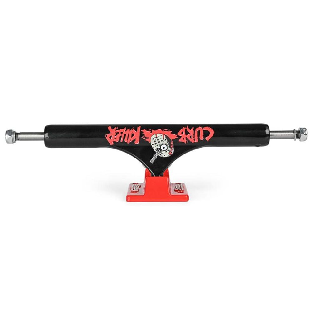 Heroin Curb Killer 2 Black Red ST1 Inverted Hollow 10.5 Slappy Trucks with a red baseplate, featuring a white hockey mask graphic and the words Curb Killer in red graffiti-style font.