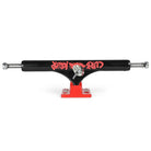 Heroin Curb Killer 2 Black Red ST1 Inverted Hollow 10.5 Slappy Trucks with a red baseplate, featuring a white hockey mask graphic and the words Curb Killer in red graffiti-style font.