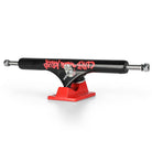 Heroin Curb Killer 2 Black Red ST1 Inverted Hollow 10.5 Slappy Trucks with a black hanger featuring red graffiti-style text and a hockey mask graphic, mounted on a red baseplate.