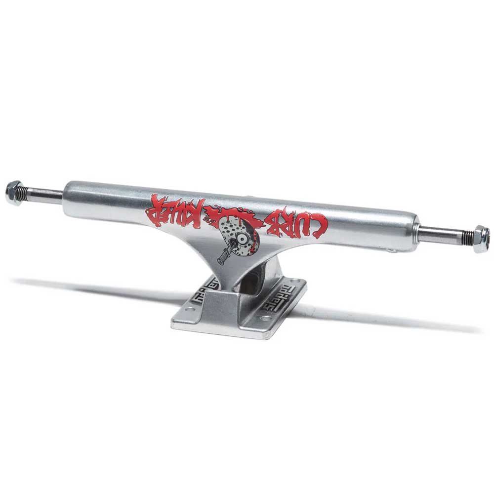 The BAM ST1 Classic Hollow 8.25 Slappy Trucks Set of TWO features silver skateboard trucks with a skull in a spiked helmet and red graphics on the hanger, plus an engraved baseplate. Fits 8.1 to 8.3 inch boards.