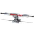 The BAM ST1 Classic Hollow 8.25 Slappy Trucks Set of TWO features silver skateboard trucks with a skull in a spiked helmet and red graphics on the hanger, plus an engraved baseplate. Fits 8.1 to 8.3 inch boards.