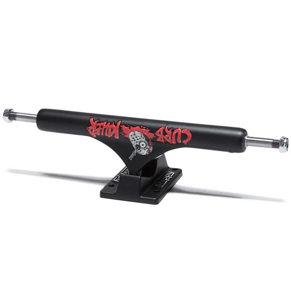 A set of two BAM ST1 Classic Hollow 8.25 Slappy Trucks, black with red and white stylized skull graphics, ideal for 8.1–8.3 inch skateboard decks. Shown on a clean white background.