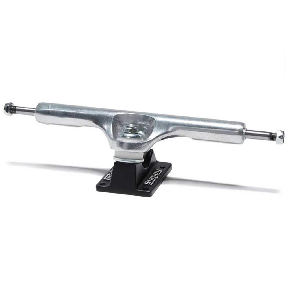 The BAM ST1 Classic Hollow 8.25 Slappy Trucks Set of TWO, silver with black baseplates, is displayed on a white background, showing axle, kingpin, and mounting holes—ideal for 8.1 to 8.3 inch boards.