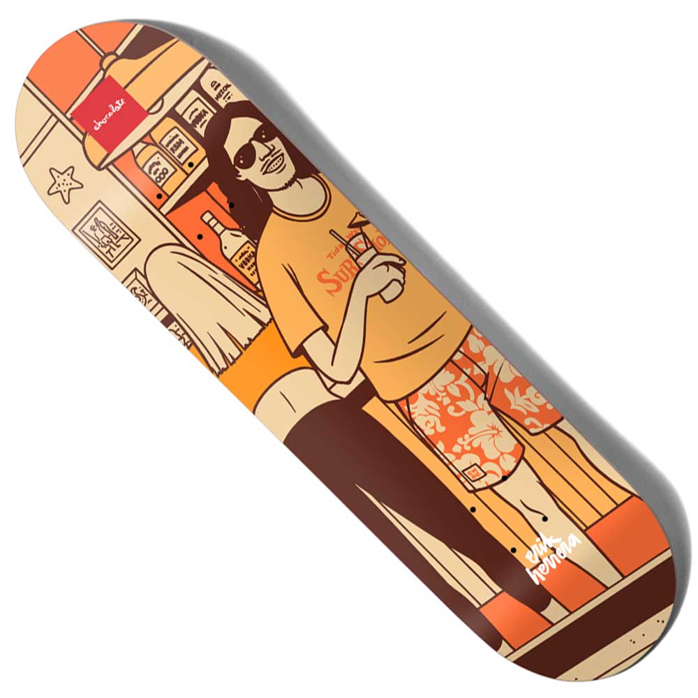 The Herrera Bar Series 3 8.5x32 Evan Hecox Chocolate Skateboards Deck features a man in sunglasses and floral shorts with a drink at a bar, set in warm orange and beige tones with bottle details and a woman in the background.