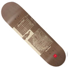 The Herrera Unearthed 8x31.87 Hecox Chocolate Skateboards Deck is brown with cream line art—figures, architecture, and abstracts. "Chocolate" script appears on the left; "Herrera Unearthed" text and a red rectangle feature on the right.