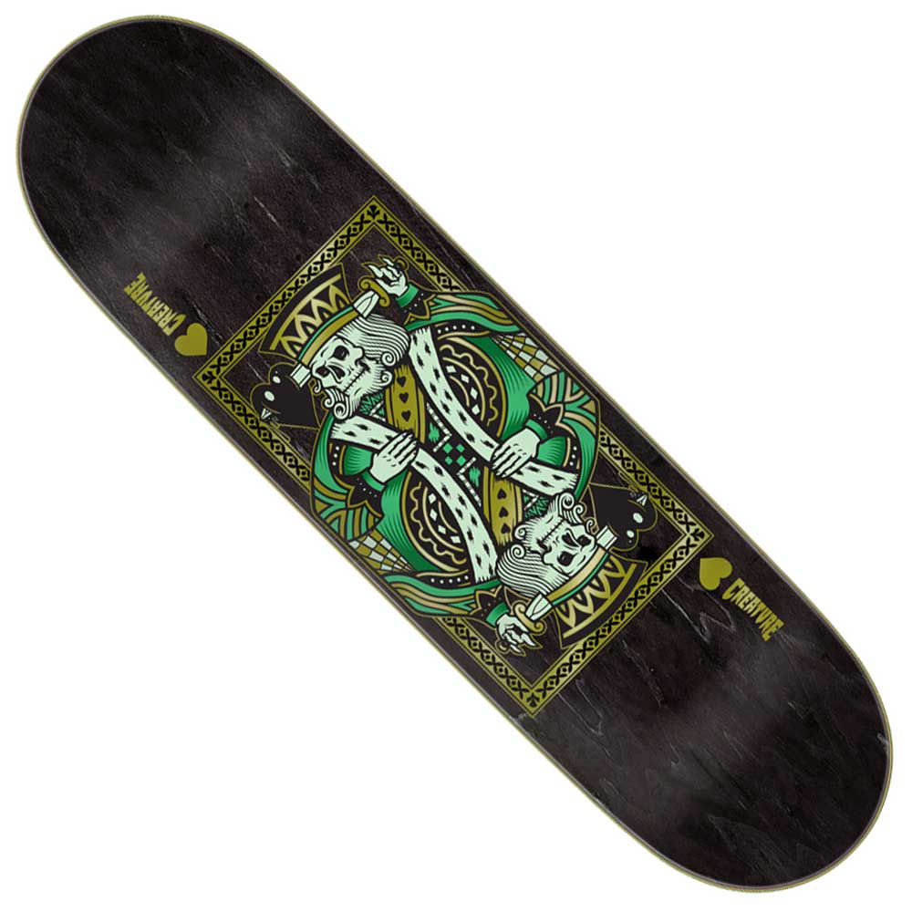 The Heshking Twin LG 8.5in x 32.05in Creature Skateboard Deck features a stylized playing card design with mirrored leopards holding swords, green and yellow accents, and “Creature” and “Baum” text on a black wood background.
