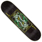 The Heshking Twin LG 8.5in x 32.05in Creature Skateboard Deck features a stylized playing card design with mirrored leopards holding swords, green and yellow accents, and “Creature” and “Baum” text on a black wood background.