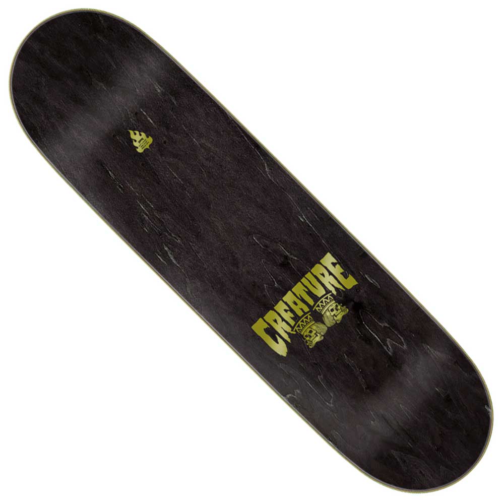 The Heshking Twin LG 8.5in x 32.05in Creature Skateboard Deck features a black finish, yellow CREATURE logo near one end, a stylized monster face below the text, and subtle wood grain texture.
