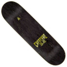 The Heshking Twin LG 8.5in x 32.05in Creature Skateboard Deck features a black finish, yellow CREATURE logo near one end, a stylized monster face below the text, and subtle wood grain texture.