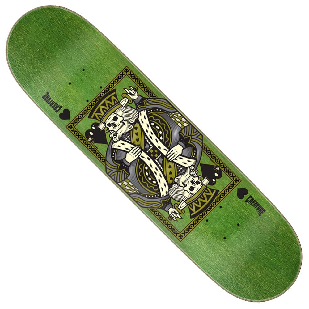 The Heshking Twin SM 8.20in x 32.00in Creature Skateboard Deck features a green, symmetrical King of Spades design with tribal accents, crowned kings with swords, plus Primitive and heart logos at each end.