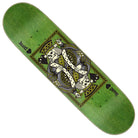 The Heshking Twin SM 8.20in x 32.00in Creature Skateboard Deck features a green, symmetrical King of Spades design with tribal accents, crowned kings with swords, plus Primitive and heart logos at each end.