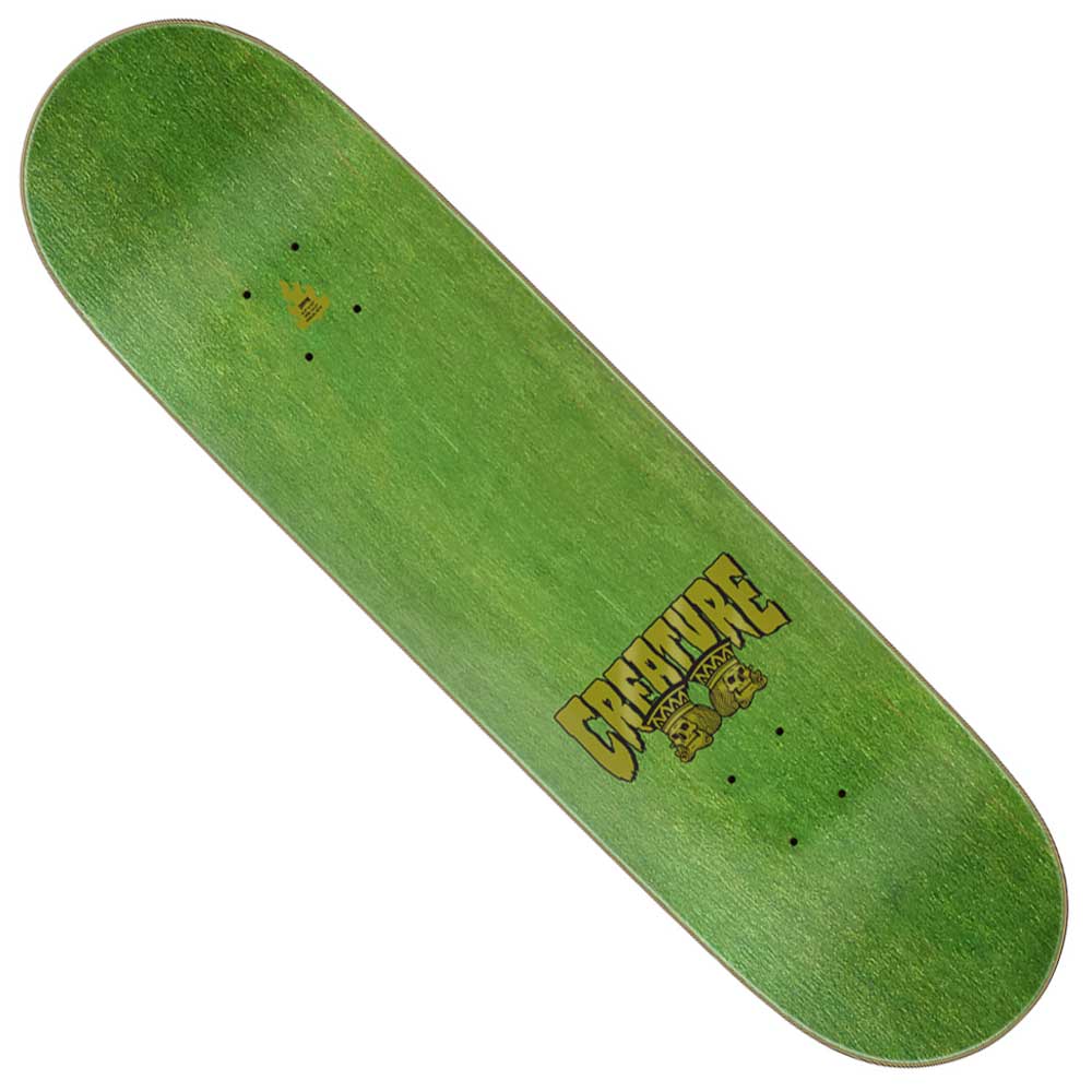 The Heshking Twin SM 8.20in x 32.00in Creature Skateboard Deck features a green design with “CREATURE” and a yellow skull graphic. It includes pre-drilled truck holes but comes without grip tape or wheels.