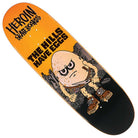 The Hills Have Eggs 9.5x32 Heroin Skateboards Deck Shaped features a unique graphic of an angry egg holding a knife and wearing boots, surrounded by rocks, with “Heroin Skateboards” and “The Hills Have Eggs” text—perfect for fans of bold Heroin deck designs.