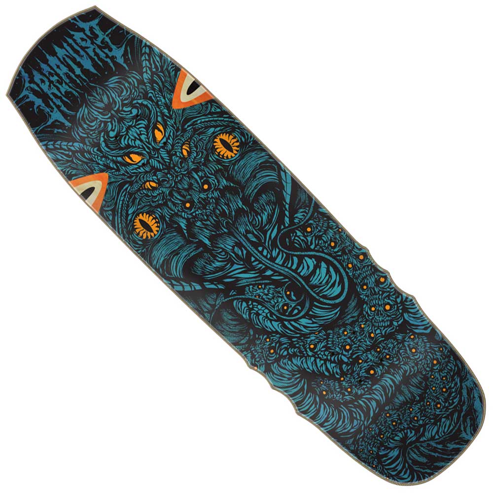 The Hitz Cobra Pro 9.00in x 31.94in Creature Skateboard Deck features an intricate blue and black monster design with glowing orange eyes and sharp details, plus the Hitz Cobra brand name in stylized text at the top.