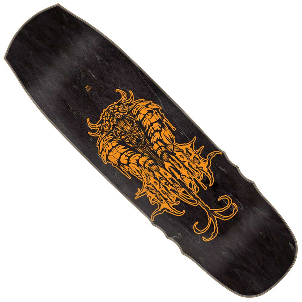 The Hitz Cobra Pro 9.00in x 31.94in Creature Skateboard Deck showcases a bold orange stylized dragon-like graphic, plus a unique angular shape with a wide nose and notched tail for striking style and performance.