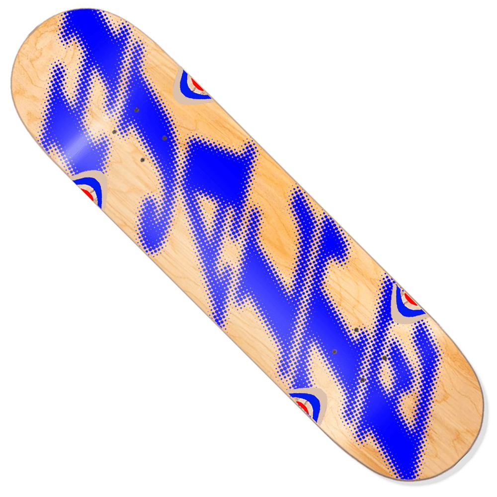 The Hjalte Spot Logo 8.5x32 Hardbody Skateboard Deck Natural Blue features bold abstract blue graffiti, dotted shading, and target symbols. This wooden deck’s striking design makes it stand out in size 8.5.