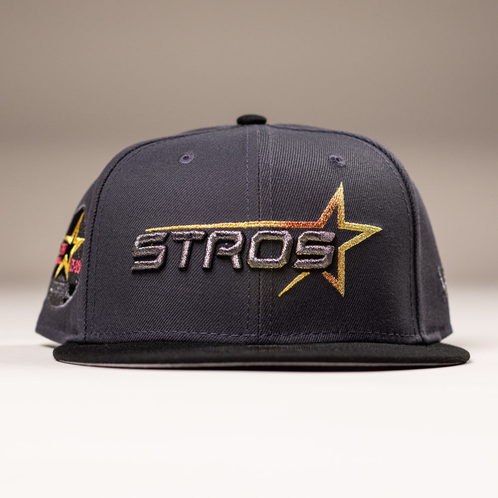 Black Delta City Connect Houston Astros New Era Hat 5950 Fitted featuring STROS in a gradient font with a star design and a circular Houston Astros City Connect logo patch on the side.