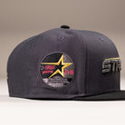 Black Delta City Connect Houston Astros New Era Hat 5950 Fitted, featuring a dark gray color and a circular side patch with a yellow star and the text 35 Great Years 65-99.