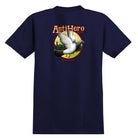 The Homers Navy Blue Tee by Anti Hero Skateboards features a pigeon graphic with a city skyline and sunset, plus “Anti Hero Skateboards” above and “NYC’s Big Thing” below—ideal for fans of bold streetwear style.
