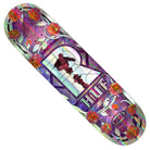 The Huf Holo Cath 8.25 Real Skateboards Deck features an iridescent finish with red roses, geometric patterns, a large R with a skateboarder silhouette, and the word REAL at the bottom.
