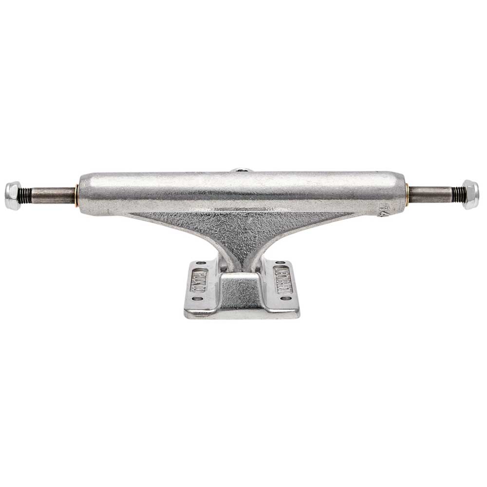 The INDY 139 Forged Hollow MID Trucks Set of TWO features a silver, forged hollow design with visible axle, baseplate, and kingpin for a clean metallic look and lightweight performance.