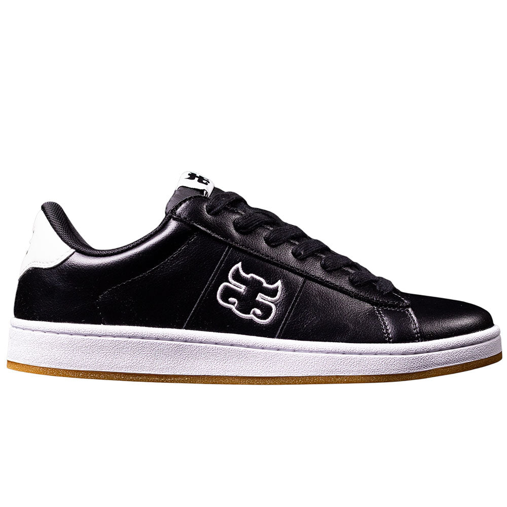 Sure! Here’s the rewritten sentence using the given product data: The Ace Black Leather I Path Shoes Skateboarding feature a sleek black leather design with white accents, a white rubber sole, gum outsole, and a bold white logo on the side. This low-top skate shoe is shown in profile facing right.