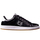 Sure! Here’s the rewritten sentence using the given product data: The Ace Black Leather I Path Shoes Skateboarding feature a sleek black leather design with white accents, a white rubber sole, gum outsole, and a bold white logo on the side. This low-top skate shoe is shown in profile facing right.