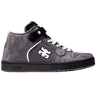 The Grasshopper Gray Suede I Path Shoes Skateboarding features a gray suede upper, black sole, white and black IPATH logo on the side, black strap, white laces, and a metallic charm attached to the laces. This stylish skateboarding shoe is inspired by the Grasshopper and is showcased against a clean white background.