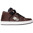 The Grasshopper Brown Leather I Path Shoes Skateboarding is a brown and black high-top sneaker showcasing Grasshopper brown leather accents, a white sole, and a silver puzzle piece keychain attached to the laces, viewed from the side.