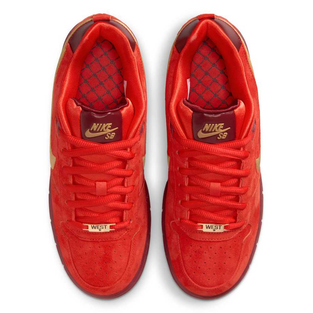 Top view of IQ5648600 Habanero Red Club Gold Team Red Paul Rodriguez Zoom Air Low Nike SB Suede Skateboarding Shoes with gold accents, red laces, “WEST” lace tags, leather upper, Zoom Air cushioning, and crisscross insoles.
