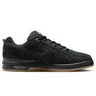 The IQ6827001 Black Gum Light Brown Paul Rodriguez Zoom Air Low Suede Skateboarding Shoe features a black suede finish, quilted heel, black laces, Zoom Air cushioning for comfort, and a tan rubber sole, seen from the side.