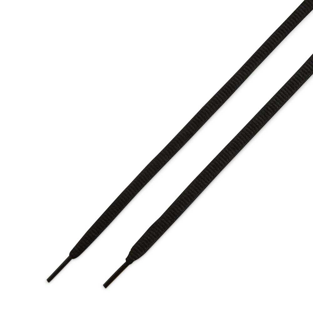 Two black, flat shoelaces are shown against a white background, positioned diagonally with plastic aglets facing downward—ideal replacements for IQ6827001 Black Gum Light Brown Paul Rodriguez Zoom Air Low Suede Skateboarding Shoes.