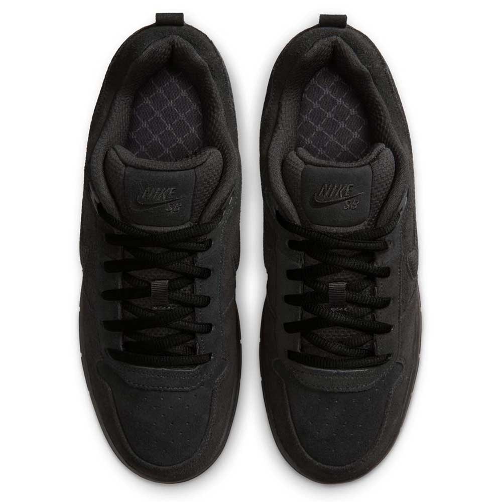 Top view of IQ6827001 Black Gum Light Brown Paul Rodriguez Zoom Air Low Suede Skateboarding Shoes with black laces and subtle patterned insoles, side by side on a white background.
