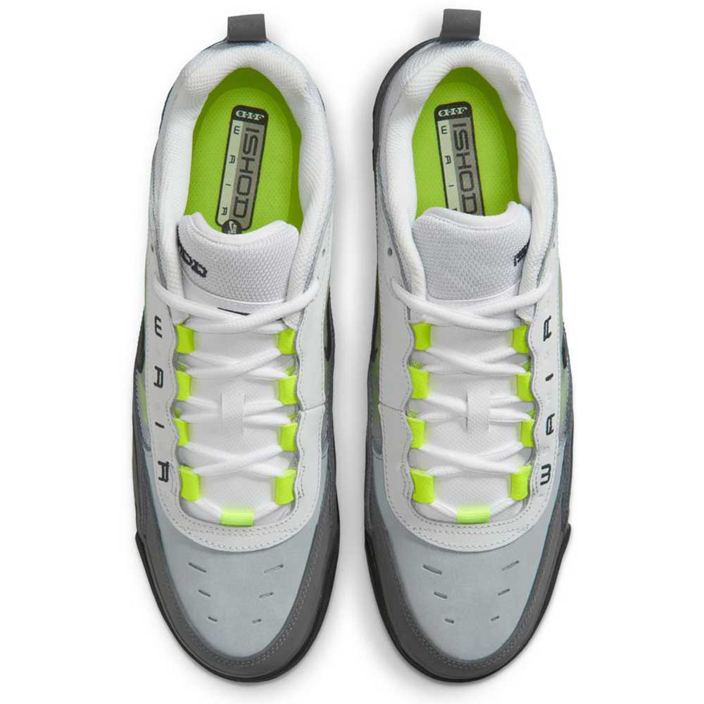 A pair of IR1887002 Black Neon Yellow Anthracite Air MAX Ishod Nike SB skateboarding shoes features neon accents, black laces, and ISHOD text on the tongues, viewed from above.