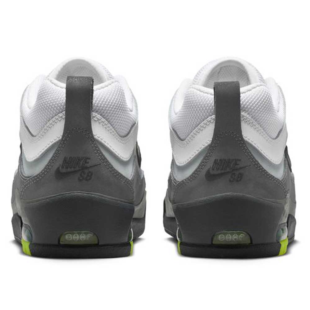 Rear view of a pair of Nike SB Air MAX Ishod skateboarding shoes (IR1887002) in Black, Neon Yellow, and Anthracite, with dark gray accents and neon yellow details on the heel sole.
