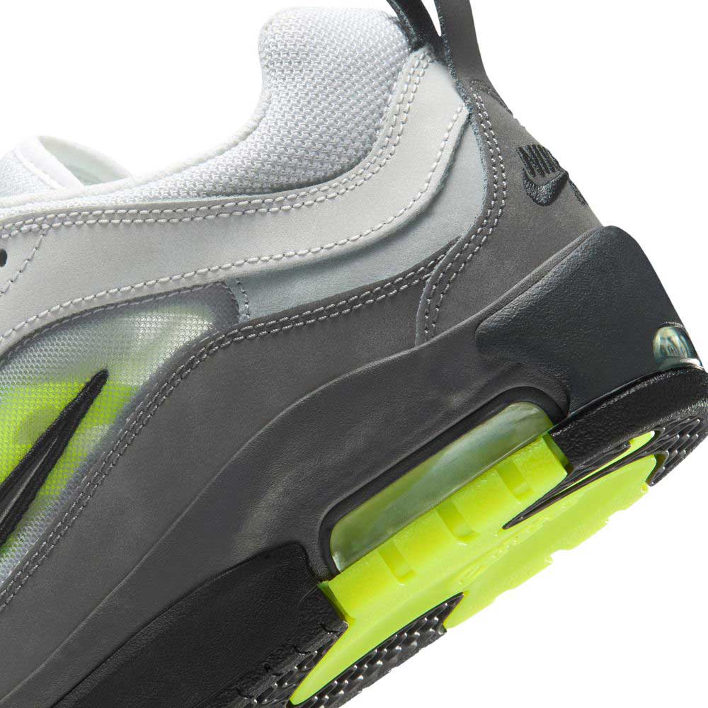 Close-up of the heel and midsole of IR1887002 Black Neon Yellow Anthracite Air MAX Ishod Nike SB Skateboarding Shoes, emphasizing Max Air cushioning, black outsole, and layered textures on the upper and heel.