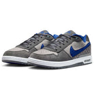 The IU7835001 Flint Grey Deep Royal Blue Paul Rodriguez Zoom Air Low Suede Skateboarding Shoes feature a gray and blue suede, mesh, and leather upper with white midsoles, gray outsoles, and Air Zoom cushioning for comfort. Blue accents highlight the design.